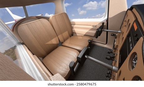This is a detailed interior model of a small aircraft featuring dual flight controls along with a realistic cockpit layout and seating arrangement. Ideal for aviation simulations and training purposes