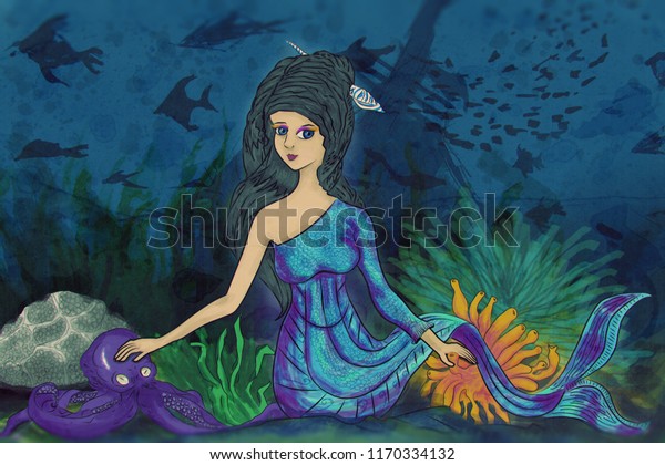 This Digital Art Mermaid Underwater Who Stock Illustration