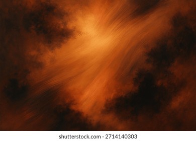 This dramatic abstract painting features deep shades of orange, black, and brown, creating a sense of movement and mystery