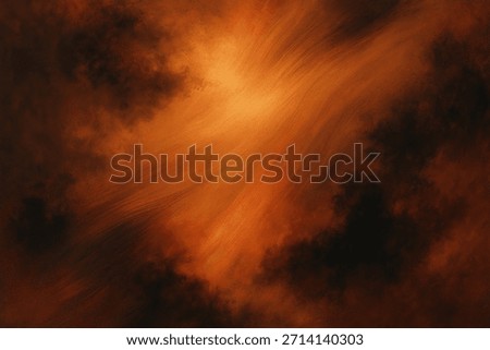 This dramatic abstract painting features deep shades of orange, black, and brown, creating a sense of movement and mystery