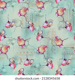 This dreamy seamless pattern features delicate watercolor ginkgo leaves in soft pink orange yellow and red tones with translucent veining gracefully scattered across slender stems against a muted teal beige and light aqua background overlaid with subtle ethnic geometric motifs. The design beautifully merges organic botanical elements with gentle tribal patterns and soft watercolor washes creating depth serenity and artistic harmony while evoking a peaceful boho charm. Perfect for digital textile printing on women's fashion garments including dresses blouses skirts scarves jackets or cozy home decor items such as curtains upholstery fabric bed linens duvet covers throw pillows rugs and wallpaper. The soothing color palette featuring pink orange yellow red muted teal beige light aqua and warm brown evokes a romantic boho mood blending natural leaf forms with contemporary ethnic trends. Ideal for all season collections or relaxed interior spaces desiring a gentle focal point this allover repeat pattern tiles flawlessly for smooth coverage on large surfaces. Generous negative space along with translucent overlays avoids overcrowding allowing the colorful ginkgo leaves to float elegantly against the textured backdrop. Intricate veining details on leaves paired with subtle geometric motifs make it suitable for stationery gift wrap phone cases wall stickers or packaging design. This creative artwork combines watercolor ginkgo shapes with ethnic textured elements providing versatility for serene bedroom styling living room accents or fashion accessories where a soft artistic and boho aesthetic remains highly desired. Every component integrates naturally into the repeat guaranteeing professional quality results across digital or traditional printing methods.