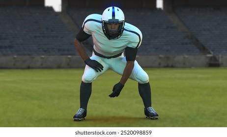 This dynamic illustration of an American Football Player captures the athlete mid-action, showcasing strength, agility, and focus. The player is dressed in full gear, including a helmet and pads, emph - Powered by Shutterstock