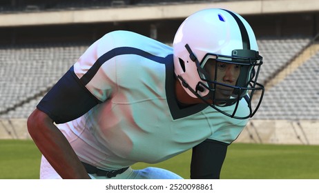 This dynamic illustration of an American Football Player captures the athlete mid-action, showcasing strength, agility, and focus. The player is dressed in full gear, including a helmet and pads, emph - Powered by Shutterstock