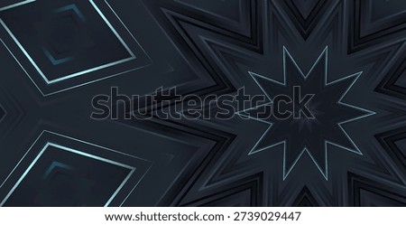 This elegant abstract background showcases a dark blue kaleidoscope featuring elongated cyan shapes and a glowing star motif.
