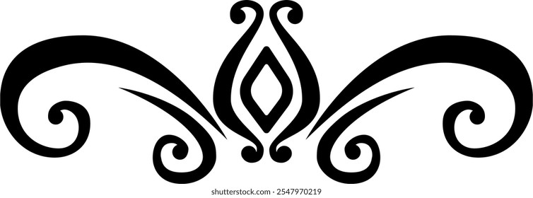 This elegant black ornamental divider features symmetrical swirls and a central leaf motif, inspired by the graceful curves and natural beauty of foliage, perfect for sophisticated designs. - Powered by Shutterstock