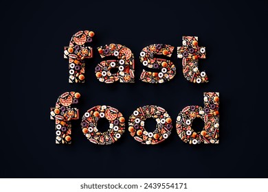 This eye-catching art piece combines colorful fast food items into a typography collage, spelling out Fast A feast for the eyes, it symbolizes the diverse world of quick-service cuisine. - Powered by Shutterstock