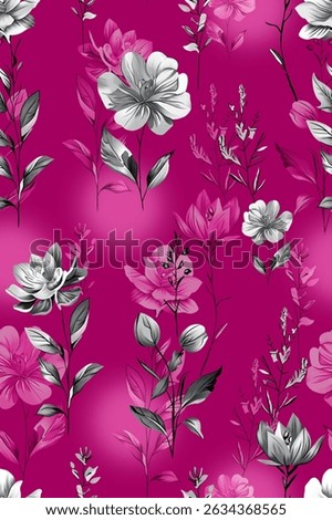 This eye-catching digital textile design features a rich magenta background adorned with a repeating pattern of soft grey flowers. The bold magenta base adds vibrancy and energy.