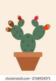 This flat vector illustration depicts a spherical or globe-shaped cactus in a terracotta pot against a cream background. The cactus is olive green and covered in numerous bright golden star-shaped spines. On its very top is a single, symmetrical, scalloped red flower with a light pink center.
