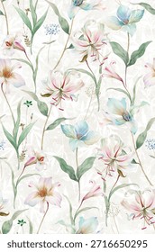 This floral pattern features softly illustrated lilies and botanical elements arranged in a balanced, flowing composition.
The muted pastel palette and light background create a refined, airy aesthetic, making the design suitable for a wide range of home textile and interior surface applications.
Designed with commercial usability in mind, the pattern is seamless, scalable, and fully compatible with digital printing processes.
Ideal for bedding, curtains, wallpaper, upholstery, and decorative textile collections.
