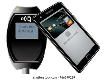 This Is A Generic Tap To Pay Illustration. Pictured Is A Card Reader And A Cell Phone Equipped For A Tap And Pay Transaction Sending Credit Card Info To The Reader.