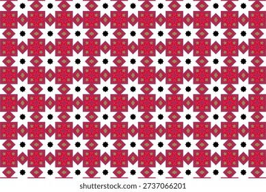 This geometric artwork features a striking repeating pattern composed of bold red squares, intricate internal motifs, and crisp white star‑shaped elements with deep black centers. The red squares form the structural foundation of the design, each containing a detailed arrangement of diamonds, triangles, and symmetrical linework that gives the pattern a handcrafted, ornamental quality. Between these squares, white eight‑pointed stars create a rhythmic contrast, adding brightness and balance to the composition. The black centers of the stars introduce a strong focal point, enhancing the visual depth and anchoring the overall layout.