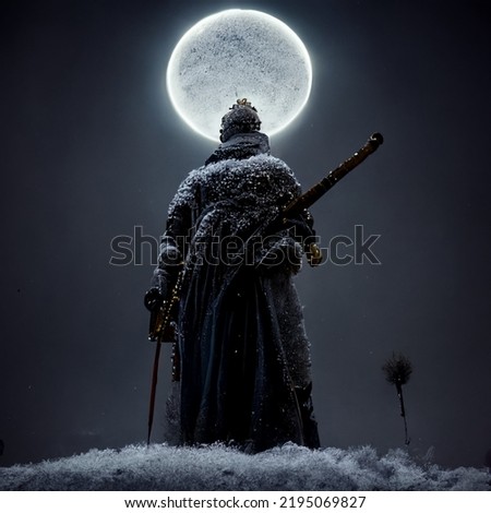 in this graphical representation there is a fighter swordsman who is watching the moon over a meadow.