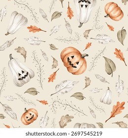 This Halloween pattern with various iconic elements fall leaves and pumpkins. Seamless background perfect for use in textiles, wallpapers, and festive decorations with watercolor autumn leaves