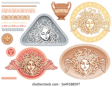 This is the Head of the Gorgon Medusa in a pattern in a circle and a triangle, Greek mythology.