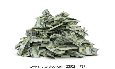 This high-quality 3D rendering features a massive, pyramid-like heap of United States one-hundred-dollar bills isolated on a clean white background. The currency is organized into numerous thick bundles, each secured with standard white or tan currency straps. Many loose banknotes are scattered across the pile, creating a sense of overwhelming volume and abundance. The crisp texture of the modern $100 design is visible, symbolizing wealth, financial success, banking, and capital.