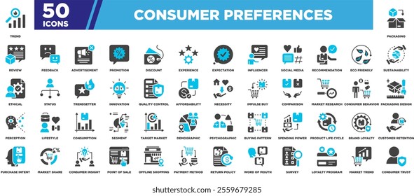 This icon pack highlights key aspects of consumer behavior and choices, featuring visuals for market trends, feedback, brand loyalty, and shopping patterns. Perfect for presentations and designs.
