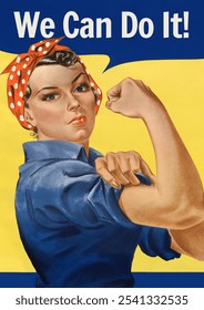 This iconic image features a strong woman, embodying empowerment and resilience. The woman, with a polka dot bandana, symbolizes strength and determination. 'We Can Do It!' is a powerful message.