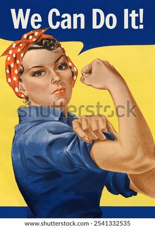 This iconic image features a strong woman, embodying empowerment and resilience. The woman, with a polka dot bandana, symbolizes strength and determination. 'We Can Do It!' is a powerful message.
