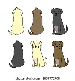 This is an illustration of a 3-color Labrador retriever. The front and back are drawn. Color is black, yellow and chocolate color. 