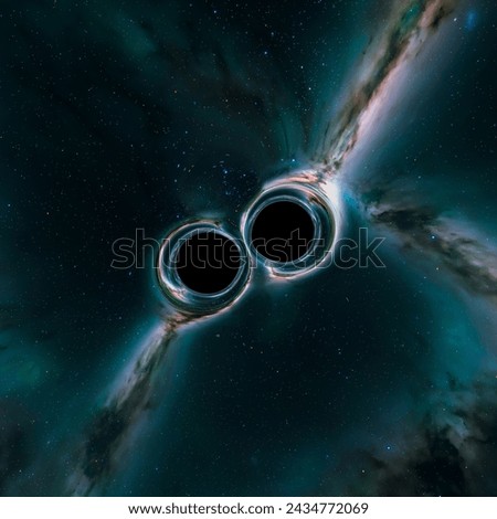 This illustration captures the dramatic moment of two merging black holes in space, offering a visual exploration of gravitational waves and deep-space phenomena.