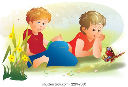 this illustration depicts two boys rest on nature and look after a butterfly.
