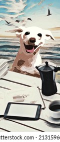 This Is An Illustration Of A Dog That Ran On The Beach And Returned To The Desk Where The Owner Was Sitting. It Can Be Used As A Cell Phone Wallpaper.