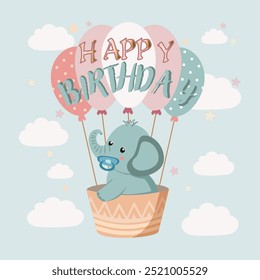 this illustration features a birthday greeting card with image of a baby elephant flying in a hot air balloon - Powered by Shutterstock