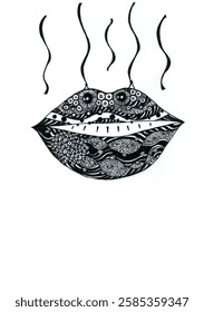 This illustration features lips filled with intricate patterns and textures.