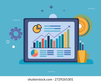 This illustration features a tablet displaying various data analytics, including a rising bar chart, a pie chart, and list-style data. A purple gear icon on the left symbolizes process and settings, while a yellow cup with pencils on the right indicates tools for planning and execution. The light blue background with abstract shapes creates a clean and professional environment, highlighting themes of business growth, financial analysis, strategic planning, and data-driven decision-making in the digital age. It represents the concept of leveraging technology for informed business intelligence.