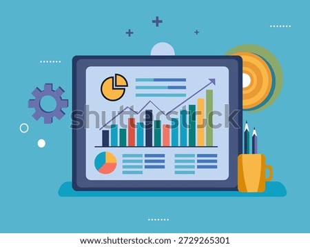 This illustration features a tablet displaying various data analytics, including a rising bar chart, a pie chart, and list-style data. A purple gear icon on the left symbolizes process and settings, while a yellow cup with pencils on the right indicates tools for planning and execution. The light blue background with abstract shapes creates a clean and professional environment, highlighting themes of business growth, financial analysis, strategic planning, and data-driven decision-making in the digital age. It represents the concept of leveraging technology for informed business intelligence.