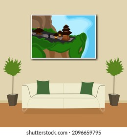 This Is An Illustration Of An Indoor Scene With A Photo Embellishment On The Top And Two Plants On The Side Of The Chair.