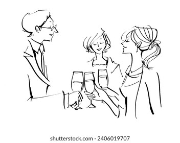 This is an illustration of a party scene where men and women are enjoying wine, champagne, etc. - Powered by Shutterstock