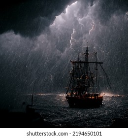 In This Illustration Is Reproduced A Pirate Ship Sailing In The Open Ocean While Battling A Mighty Storm.