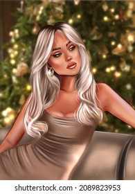 This Illustration Shows A Very Beautiful Girl. The Atmosphere Is New Year’s Eve
