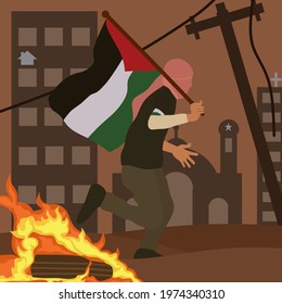 This Is An Illustration Of A Young Man Running To Defend Palestine While Being Showered With Missile And Rocket Fire.