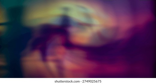This image is a blurry abstract representation of a person in a vibrant colorful atmosphere. The dominant colors are purple, pink, and yellow, with hints of green and blue. The image is hazy and unclear, with an undefined silhouette of a figure in the center. The artistic expression is dreamy and surreal, evoking a sense of mystery and enigma. The image could be used to represent a creative or imaginative concept, or to add a touch of psychedelic flair to a design or project.
