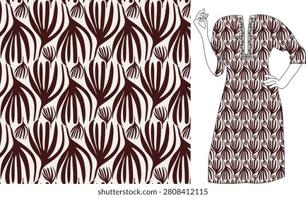 This image is a bold Mehroon and white floral pattern featuring abstract leaf motifs Seamless Digital Allover Des Fabric print Textile 
