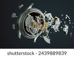 This image captures the art of watchmaking by presenting a disassembled mechanical watch movement, highlighting the gears, cogs, and parts against a dark backdrop.