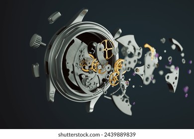 This image captures the art of watchmaking by presenting a disassembled mechanical watch movement, highlighting the gears, cogs, and parts against a dark backdrop. - Powered by Shutterstock