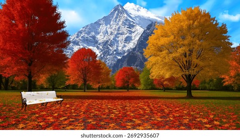 This image captures a breathtaking and quintessential autumn park scene set against a mountainous backdrop. The foreground is c