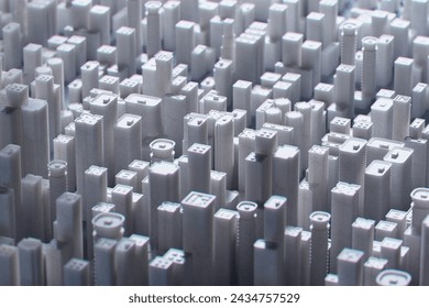 This image captures a captivating mock-up of a bustling metropolis using monochromatic toy building blocks, showcasing a striking resemblance to a real urban skyline.
