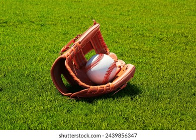 This image captures a classic baseball glove and a pristine white ball, perfectly nestled within it, lying on vibrant green grass illuminated by sunlight, emblematic of leisure sports activities.