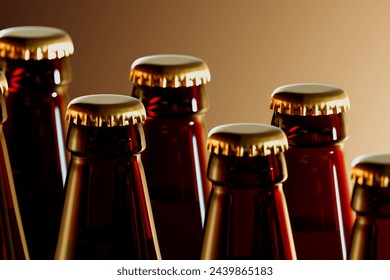 This image captures a close-up view of several sealed glass bottles with metal caps, highlighting their texture and the warm-toned backdrop.