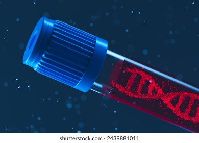 This image captures a close-up view of a test tube showcasing a vivid red, digitally enhanced DNA helix, highlighting the advanced capabilities and research in genetics and biotech fields.