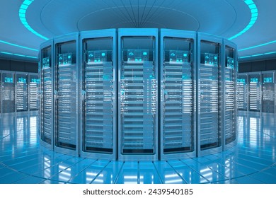 This image captures a cutting-edge data center filled with server racks glowing in blue, showcasing technological sophistication, security, and high efficiency. - Powered by Shutterstock - Get 15% off with code: PIKWIZARD15
