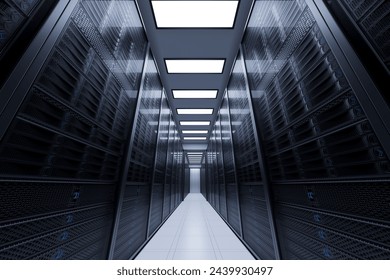 This image captures a cutting-edge data center filled with rows of secured server racks illuminated by ambient lighting, illustrating the backbone of modern cloud storage technology.