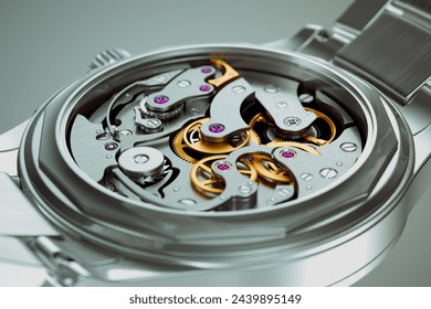 This image captures the detailed craftsmanship of a luxury mechanical watch movement, featuring its gears, springs, and intricate components. - Powered by Shutterstock