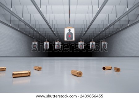 This image captures the detailed environment of an indoor shooting range, highlighting the precise arrangement of targets and the visible scatter of spent bullet casings across the floor.