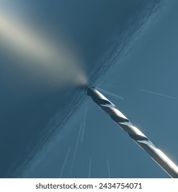 This image captures the essence of industry and craftsmanship, as a sharp steel drill bit pierces the blue backdrop of a clear sky, highlighted by a radiant sun flare. - Powered by Shutterstock