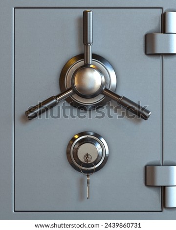This image captures the essence of security with a detailed view of a contemporary stainless steel bank vault door, showcasing its robust lock mechanism and key slots.